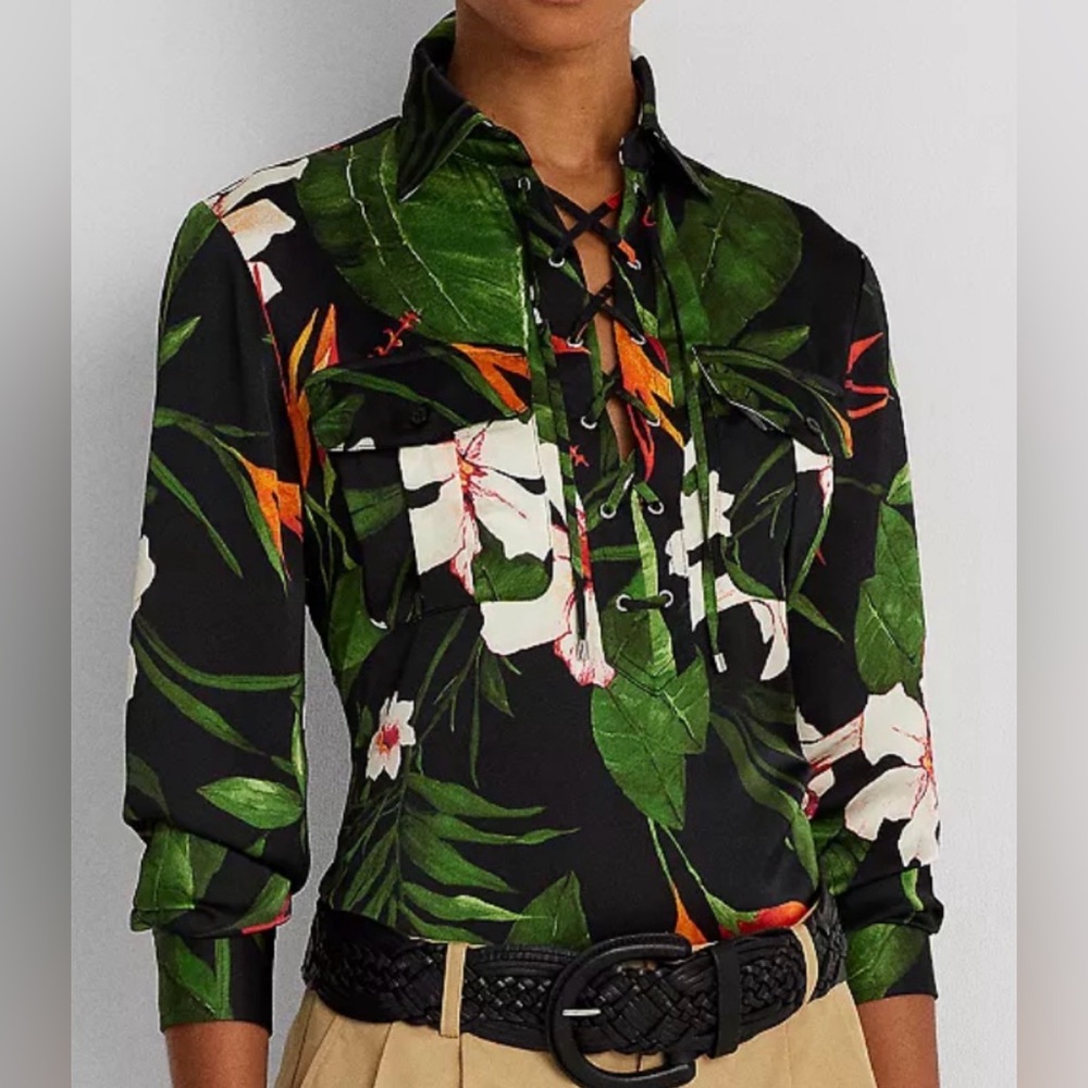 Lauren Ralph Lauren Multi Floral Charmuse Lace Up Long Sleeve Blouse SZ XS NWT